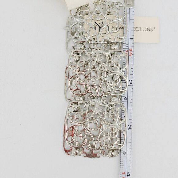New Directions Stretch Metal Open Work Panel Bracelet SIlver Tone New On Card - Picture 7 of 8